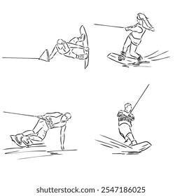 Desenho de linha contínua única de jovem surfista esportivo homem jogar wakeboarding no mar.