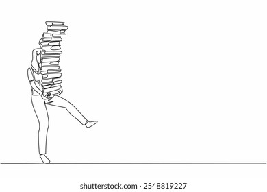 Single continuous line drawing a young woman carrying a pile of books far above her head. Difficulty stepping towards a bright future. National Librarian Day. One line design vector illustration