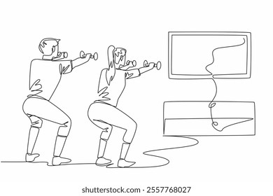 Single continuous line drawing young couple doing exercise at home using dumbbells. Online classes. Keep exercising even at home. Work out. National Exercise Day. One line design vector illustration