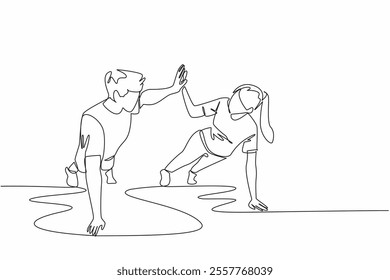 Single continuous line drawing young couple working out in the gym. Take advantage of free time to exercise together. Keep the body fit. National Exercise Day. One line design vector illustration