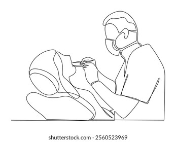 Single continuous line drawing of young male dentist examining patient teeth condition and doing tooth filling, Medical healthcare service concept.