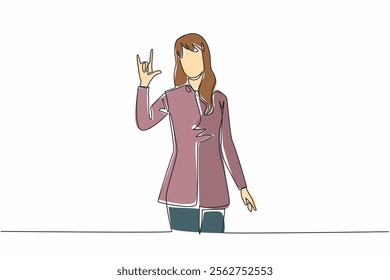 Single continuous line drawing a young woman in casual clothes makes a hand gesture. It means I Love You in sign language. National American Sign Language Day. One line design vector illustration