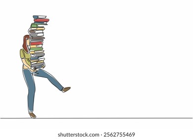 Single continuous line drawing a young woman carrying a pile of books far above her head. Difficulty stepping towards a bright future. National Librarian Day. One line design vector illustration