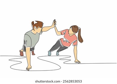 Single continuous line drawing young couple working out in the gym. Take advantage of free time to exercise together. Keep the body fit. National Exercise Day. One line design vector illustration