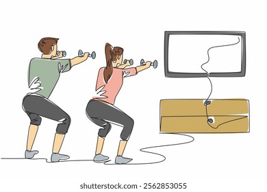 Single continuous line drawing young couple doing exercise at home using dumbbells. Online classes. Keep exercising even at home. Work out. National Exercise Day. One line design vector illustration