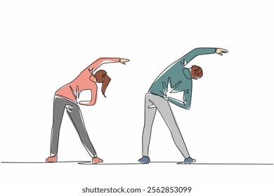 Single continuous line drawing young couple wearing running jackets doing exercise. Burning calories faster and more. Healthy activities. National Exercise Day. One line design vector illustration