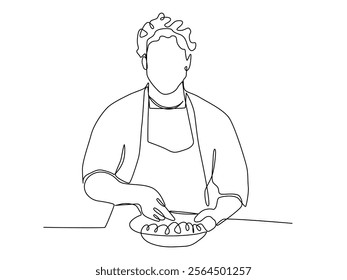 Single continuous line drawing of young confident handsome male chef throwing ingredient on pan while sauteing the food, Modern template one line hand drawn vector illustration minimalism style.