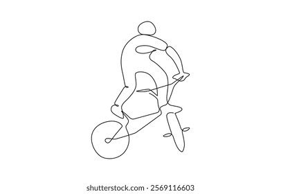 Single continuous line drawing of young agile man cyclist train to pedal cycling fast. Man in a protective helmet rides a bicycle one line art. Continuous line drawing sports, training.