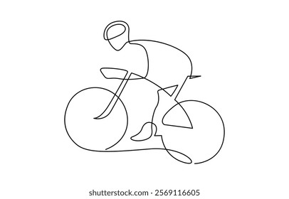 Single continuous line drawing of young agile man cyclist train to pedal cycling fast. Man in a protective helmet rides a bicycle one line art. Continuous line drawing sports, training.