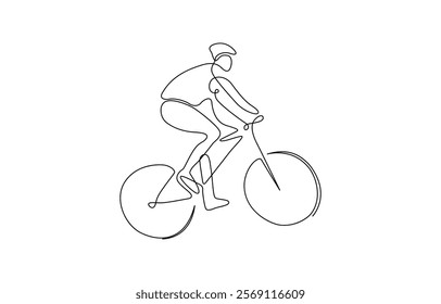 Single continuous line drawing of young agile man cyclist train to pedal cycling fast. Man in a protective helmet rides a bicycle one line art. Continuous line drawing sports, training.