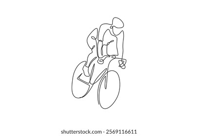 Single continuous line drawing of young agile man cyclist train to pedal cycling fast. Man in a protective helmet rides a bicycle one line art. Continuous line drawing sports, training.