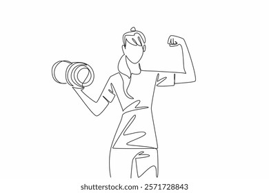 Single continuous line drawing a young woman poses while lifting dumbbell. As if there were muscles. Encouraging to be more active in sports. National Fitness Day. One line design vector illustration