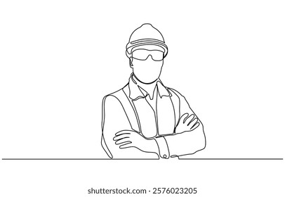 Single continuous line drawing of young construction worker, Engineers man in hard hat, worker with protective headphones on white background continuous one line drawing.