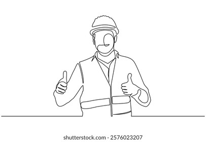 Single continuous line drawing of young construction worker, Engineers man in hard hat, worker with protective headphones on white background continuous one line drawing.