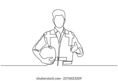 Single continuous line drawing of young construction worker, Engineers man in hard hat, worker with protective headphones on white background continuous one line drawing.