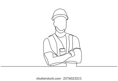 Single continuous line drawing of young construction worker, Engineers man in hard hat, worker with protective headphones on white background continuous one line drawing.