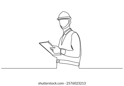 Single continuous line drawing of young construction worker, Engineers man in hard hat, worker with protective headphones on white background continuous one line drawing.