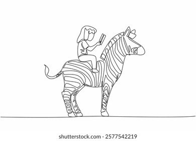 Single continuous line drawing young girl reading book on cute zebra. Get ready for the final exam. Study seriously. The nerd. Girl Reading Book at Animal Back. One line design vector illustration