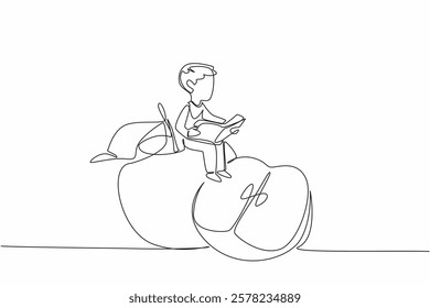 Single continuous line drawing young boy reading on apple. Sit back and read about the many benefits of apples. Nerd. Boy Reading Book at Vegetables and Fruits. One line design vector illustration