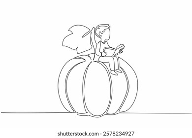 Single continuous line drawing young boy reading on pumpkin leaf. Feel the coolness when studying in nature. Focus. Nerd. Boy Reading Book at Vegetables and Fruits. One line design vector illustration