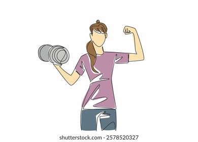 Single continuous line drawing a young woman poses while lifting dumbbell. As if there were muscles. Encouraging to be more active in sports. National Fitness Day. One line design vector illustration