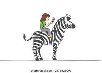 Single continuous line drawing young girl reading book on cute zebra. Get ready for the final exam. Study seriously. The nerd. Girl Reading Book at Animal Back. One line design vector illustration