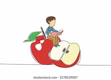 Single continuous line drawing young boy reading on apple. Sit back and read about the many benefits of apples. Nerd. Boy Reading Book at Vegetables and Fruits. One line design vector illustration