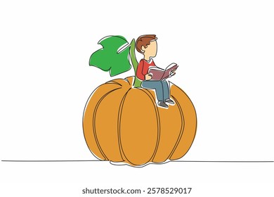 Single continuous line drawing young boy reading on pumpkin leaf. Feel the coolness when studying in nature. Focus. Nerd. Boy Reading Book at Vegetables and Fruits. One line design vector illustration