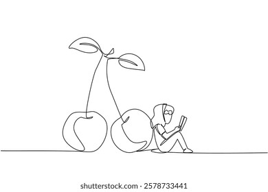 Single continuous line drawing young girl reading leaning next to cherry. Reading fiction seriously. Hobby reading. Girl Reading Book at Vegetables and Fruits. One line design vector illustration