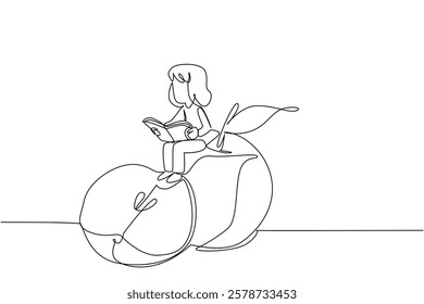 Single continuous line drawing young girl reading on apple. Reading while snacking on apples. Smart and healthy. Nerd. Girl Reading Book at Vegetables and Fruits. One line design vector illustration