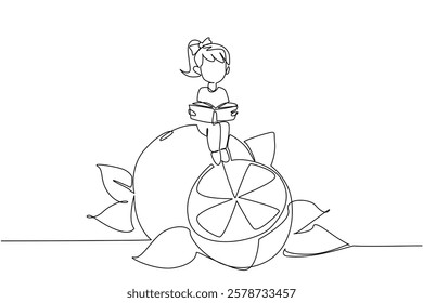 Single continuous line drawing a young girl reading on orange. Reading about the many benefits of oranges. Healthy. Girl Reading Book at Vegetables and Fruits. One line design vector illustration