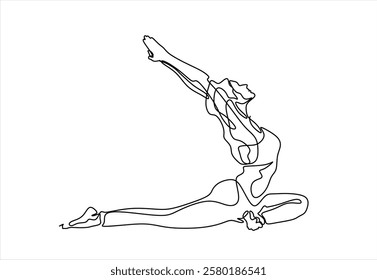 Single continuous line drawing of young sportive woman training pose in sport gymnasium club center. Fitness stretching concept. Trendy one line draw design vector illustration	