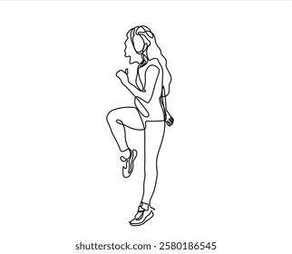 Single continuous line drawing of young sportive woman training pose in sport gymnasium club center. Fitness stretching concept. Trendy one line draw design vector illustration	