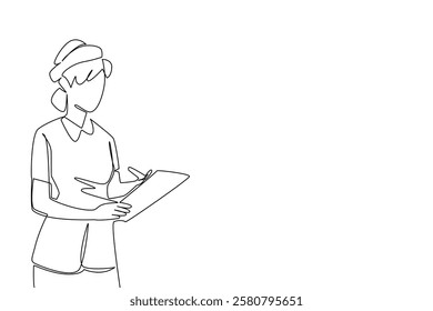 Single continuous line drawing young female nurse with nurse cap holding clipboard and writing on clipboard. Record information from patients. National Nurses Day. One line design vector illustration