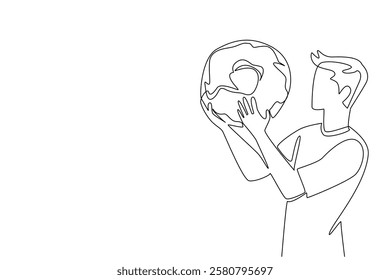 Single continuous line drawing a young man eating a large donut. Content creators who eat large portions live. Always finished, nothing left. National No Diet Day. One line design vector illustration