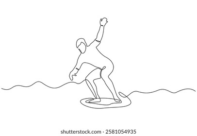 Single continuous line drawing young professional surfer in action riding the waves on blue ocean, Summer vacation. Trendy one line draw design vector.