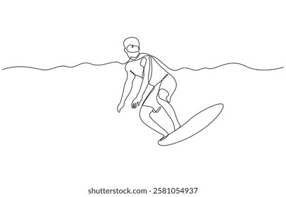 Single continuous line drawing young professional surfer in action riding the waves on blue ocean, Summer vacation. Trendy one line draw design vector.