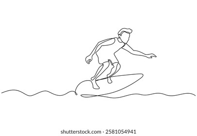 Single continuous line drawing young professional surfer in action riding the waves on blue ocean, Summer vacation. Trendy one line draw design vector.