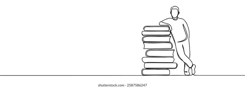 Single continuous line drawing of a young businessman standing near stacks of giant books. Reading is improving his skills in the business world to become a successful entrepreneur. One line design