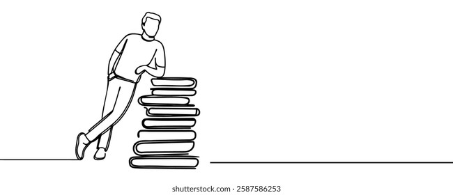 Single continuous line drawing of a young businessman standing near stacks of giant books. Reading is improving his skills in the business world to become a successful entrepreneur. One line design