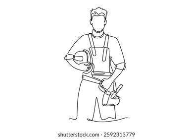 Single continuous line drawing young craftsman wearing building construction uniform while holding helmet. Handyman house renovation service concept. One line draw graphic design vector illustration