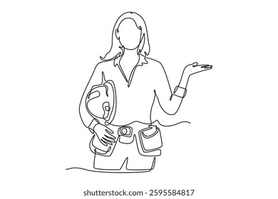 Single continuous line drawing young woman builder with hardhat in hand. Female construction worker working with heavy industrial tool in site. Dynamic one line draw graphic design vector illustration