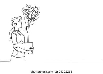Single continuous line drawing  a young woman holding a lemon tree in a pot that is already bearing fruit. A satisfying harvest. Freshness. Plant a Lemon Tree Day. One line design vector illustration