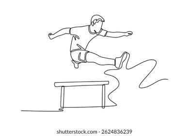 Single continuous line drawing young athlete jumping over hurdle during training on race track in athletic stadium. Man hurdler runner overcoming barrier. One line graphic design vector illustration