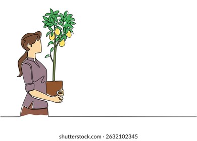 Single continuous line drawing  a young woman holding a lemon tree in a pot that is already bearing fruit. A satisfying harvest. Freshness. Plant a Lemon Tree Day. One line design vector illustration