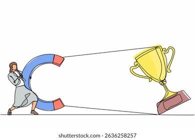 Single continuous line drawing young businesswoman attracting big trophy with huge magnet. Victory sign. Success, achievement, business goals concept. One line draw graphic design vector illustration