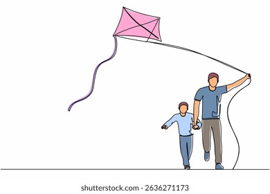 Single continuous line drawing young father and son launching kite together parenting fatherhood concept dad spending time with kid full length. Dynamic one line graphic design vector illustration