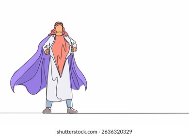 Single continuous line drawing young Arabic businessman revealing his true identity of powerful superhero. Superhero tearing shirt and wearing costume. One line draw graphic design vector illustration