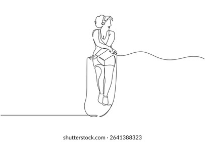 Single continuous line drawing young sportive woman train jumping with skipping rope in sport, Young sportive woman train jumping with skipping rope continuous one line drawing. Editable outline.