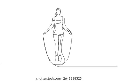 Single continuous line drawing young sportive woman train jumping with skipping rope in sport, Young sportive woman train jumping with skipping rope continuous one line drawing. Editable outline.